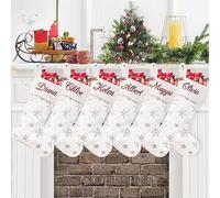 Duosheng & Elegant Lot de 6 chaussettes de Noël à suspendre en fausse fourrure, parfaite décoration de fêtes familiales, personnalisable avec un nom écrit en grand, blanc