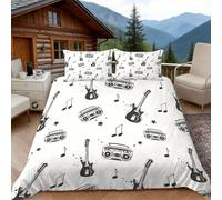 Duosm Housse de Couette 220x240 Instrument de Guitare, 2 Personnes, Parure de Lit Noir et Blanc Microfibre avec 2 x Taie d'oreiller 65x65 cm avec Fermeture éclair