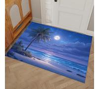 DUOTCYELE 40 x 60 cm Paillasson Clair De Lune Plage Cocotiers pour Intérieur, Paillasson Paysage Marin De Rêve Lavable Antidérapant pour Porte D'entrée, Couloir, Porte, Bleu Profond