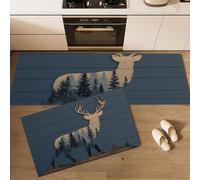 DUOTCYELE Ensemble De Deux Tapis De Cuisine Cerf Silhouette en Bois Tapis De Porte Lavables Style Ferme Vintage Lot De 2 Antidérapants pour La Décoration Intérieure Entrée Cuisine 50x80cm+50x150cm