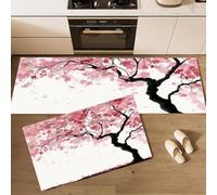 DUOTCYELE Ensemble De Deux Tapis De Cuisine Cerisier en Fleurs Tapis De Porte Lavables Style Minimaliste Japonais Lot De 2 Antidérapants pour La Décoration Intérieure Entrée Cuisine 45x75cm+45x150cm