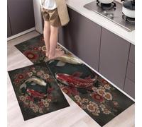 DUOTCYELE Lot De 2 Tapis Cuisine Koi Tai Chi Devant Evier Tapis De Cuisine Style Ukiyo-E Japonais Antidérapant Et Lavable pour Couloir Salle à Manger Entrée Et Porte, Rouge 40x60cm+40x120cm