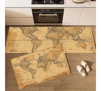DUOTCYELE Lot De 2 Tapis De Cuisine Antidérapants Et Lavables - Boussole Continents du Monde - Tapis De Sol Thème Nautique Rétro Décoration De La Maison - 50x80cm+50x150cm