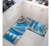 DUOTCYELE Lot De 2 Tapis De Cuisine Antidérapants Et Lavables - Phare Barre De Navire Étoile De Mer - Tapis De Sol Thème Nautique Décoration De La Maison - 45x75cm+45x150cm