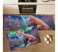 DUOTCYELE Lot De 2 Tapis De Cuisine Aurore Renard Fleurs, Antidérapants, Super Absorbants, Lavables, Tapis De Cuisine Animaux Fantastiques pour évier De Cuisines, Buanderie 45x75cm+45x150cm, Orange