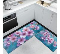 DUOTCYELE Lot De 2 Tapis De Cuisine Branches De Cerisier, Antidérapants, Super Absorbants, Lavables, Tapis De Cuisine Fleurs De Rêve pour évier De Cuisines, Buanderie 50x80cm+50x150cm, Bleu-Vert