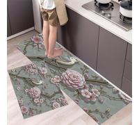DUOTCYELE Lot De 2 Tapis De Cuisine Camélia Oiseau Antidérapants, Tapis De Sol Anti-Fatigue Style Campagnard Anglais pour Couloir, Salle à Manger Et Entrée, 45x75cm+45x150cm