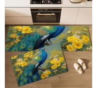 DUOTCYELE Lot De 2 Tapis De Cuisine Camélia Paon, Antidérapants, Super Absorbants, Lavables, Tapis De Cuisine Art Chinois Rétro pour évier De Cuisines, Buanderie 40x60cm+40x120cm, Bleu Royal