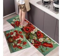 DUOTCYELE Lot De 2 Tapis De Cuisine Coquelicot Marguerite Blanche, Tapis Cuisine Fleur Vintage Antidérapant Et Lavable pour Salle à Manger, Salon, Couloir 45x75cm+45x150cm, Rouge
