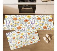 DUOTCYELE Lot De 2 Tapis De Cuisine Coquelicot Marguerite, Tapis De Cuisine Fleurs Pastorales De Dessin Animé 45x75cm+45x150cm Antidérapant Et Lavable Entree Interieur pour Cuisines Devant Evier