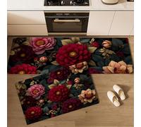 DUOTCYELE Lot De 2 Tapis De Cuisine Dahlias Rouges, Antidérapants, Super Absorbants, Lavables, Tapis De Cuisine Fleurs Rétro Sombres pour évier De Cuisines, Buanderie 45x75cm+45x150cm, Rouge