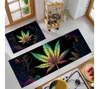 DUOTCYELE Lot De 2 Tapis De Cuisine Feuilles Néon Antidérapants Durables Et Lavables, Tapis Cuisine Plantes Psychédéliques Devant Evier, Anti-Fatigue, 45x75cm+45x150cm