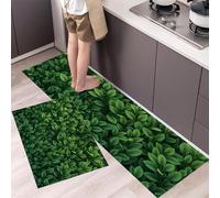 DUOTCYELE Lot De 2 Tapis De Cuisine Feuilles Tropicales Vertes Antidérapants Durables Et Lavables, Tapis Cuisine Peinture Végétale Réaliste Devant Evier, Anti-Fatigue, 40x60cm+40x120cm