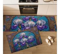 DUOTCYELE Lot De 2 Tapis De Cuisine Iris Motif Floral Arqué, Antidérapants, Super Absorbants, Lavables, Tapis De Cuisine Style Art Nouveau pour évier De Cuisines, Buanderie 45x75cm+45x150cm, Violet