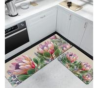 DUOTCYELE Lot De 2 Tapis De Cuisine Protéa Rose Royale, Tapis De Cuisine Plantes Forestières 45x75cm+45x150cm Antidérapant Et Lavable Entree Interieur pour Cuisines Devant Evier