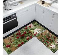 DUOTCYELE Lot De 2 Tapis De Cuisine Roses Grimpantes Rouges, Antidérapants, Super Absorbants, Lavables, Tapis De Cuisine Style Pastoral Rétro pour évier De Cuisines, Buanderie 50x80cm+50x150cm, Vert