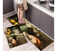 DUOTCYELE Lot De 2 Tapis De Cuisine Vase Citron Tasse À Café Antidérapants Durables Et Lavables, Tapis Cuisine Nature Morte Classique Devant Evier, Anti-Fatigue, 45x75cm+45x150cm