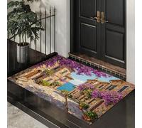 DUOTCYELE Paillasson Fleurs Rues De La Ville 90 x 150 cm, Lavable D'intérieur, à Poils Courts, Tapis Paysages Méditerranéens, Pliable Antidérapant, Idéal pour Porte D'entrée Cuisine Patio