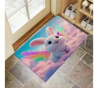 DUOTCYELE Paillasson Nuages Ailes Arc-en-Ciel Lapin Lavable D'intérieur, à Poils Courts, Tapis Animal De Dessin Animé Rêveur, 60 x 90 cm, Pliable, Antidérapant, pour Porte D'entrée, Cuisine, Patio