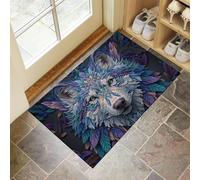 DUOTCYELE Paillasson Tête De Loup Psychédélique À Plumes Lavable D'intérieur, à Poils Courts, Tapis Portrait d'animal Bohème, 80 x 120 cm, Pliable, Antidérapant, pour Porte D'entrée, Cuisine, Patio