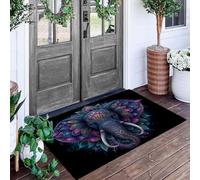 DUOTCYELE Tapis Entree Interieur 50 x 80 cm, Tapis De Sol Antidérapant Psychédélique Floral Éléphant, Paillasson Mandala Vintage Lavable Facile à Nettoyer, Paillasson Fin pour Couloir, Bleu-Violet