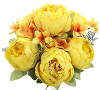 Duovlo Lot d’1 bouquet de fleurs artificielles de pivoine en soie, décoration de mariage vintage (jaune)