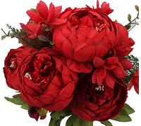 Duovlo Springs Flowers Bouquet de pivoines artificielles en Soie pour décoration de Mariage et d'intérieur (Rouge Printemps)
