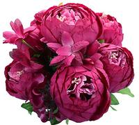 Duovlo Springs Flowers Bouquet de pivoines artificielles en Soie pour décoration de Mariage et d'intérieur (Rose Vif)