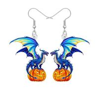 DUOWEI Acrylique Fantaisie Halloween Boucles d'oreilles Dragon Cadeaux Étranges pour Femmes Filles, Citrouille Effrayante Chapeau de Sorcière Squelette Dinosaure, Bijoux de Fête (Bleu)