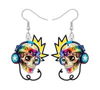 DUOWEI Boucles d'oreilles drôles en forme de tête de mort DJ en acrylique Thème Musique Design Rocher Unique Halloween Punk Bijoux Cadeaux pour Femmes Filles Amoureuses de Musique Ensemble Disque