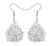 DUOWEI Boucles d'oreilles pendantes en acier inoxydable en forme de flocon de neige pour femme, cadeau de festival (maison en pain d'épice de Noël, argent)