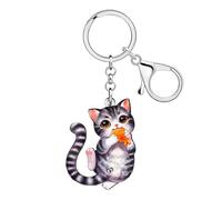 DUOWEI Porte-clés en acrylique avec chat tigré - Accessoires cadeaux pour femmes et filles - Pour maman - Porte-clés de voiture, portefeuille, amoureux des animaux, gris, Medium