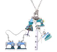 DUOWEI Vintage Machine à Coudre BoucleOreille Collier Email Règle Ciseaux Fer à Repasser Outils Bijoux Pendentifs pour Femme Adolescente Fille Couturière Breloque Cadeaux (Bleu)
