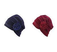 DuoZan Bonnet chimio Turban fleur bonnet plissé pour perte de cheveux contre le cancer, Bleu marine + vin, Taille unique