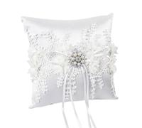 duozoanz Coussin Alliance Mariage Vintage Porte Alliance Mariage Blanc Coussin de Bague 18x18cm avec Dentelle et Perle Artificielle pour Bague de Fiançailles ou Alliances