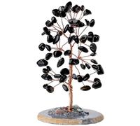 DUQGUHO Arbre à monnaie en cristal d'obsidienne noire Feng Shui, décoration de maison, bureau, base en tranche d'agate naturelle, pierre précieuse polie, cadeau pour femme, chance Reiki