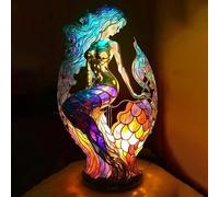 Duqulle Lampe De Table Sirène Vintage, Lumières De Sirène Colorées, Lampe en Vitrail De Style T-iffany, Statue De Lampe De Table Sirène Unique, Lampes De Table Bohème pour Salon Chambre À Coucher