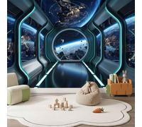 Durable 3D Science-Fiction Papier peint panoramique, Bleu Gris TV Fond Déco | Vaisseau Spatial Couloir Espace Papier Peint Intissé Pour Salon Chambre Salle à manger Bureau, 150 x 105 cm Intérieur Murale