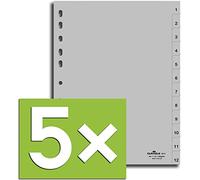 DURABLE 616002 zahlenregister en PP, A4 de haut, volldeckend, universallochung, 1-31, Blanc - Pack de 5 - Gris, 1-12