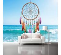 Durable Papier peint intissé Plumes Océan 400 x 280 cm | Attrape Rêves Vagues Océan Vacances Décoration murale Pour Decoratif Chambre, salon, bureau, cuisine, dortoir Multicolore