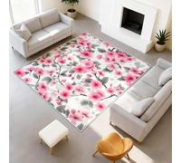 Durable Tapis Effet Aquarelle Floral Douces Tapiss Onirique/Poétique Ne Perd Pas Ses Poils Fleur de Cerisier Rose Feuilles Grises Tapis 50 x 80 cm Couloir Entrée