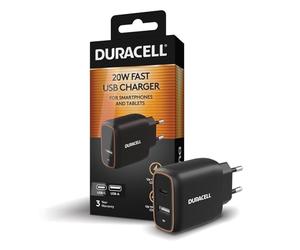 Duracell Chargeur rapide USB-C 20 W avec prise britannique, double port USB-C PD et USB-A pour iPhone 16, iPhone 15, Samsung Galaxy, iPad et Pixel