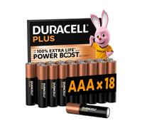 DURACELL Plus Piles AAA Lot de 18 piles alcalines 1,5 V, durent jusqu’à 100 % plus longtemps grâce aux Actifs POWER BOOST, fiables pour vos appareils du quotidien, emballage 0 % de plastique, conserva