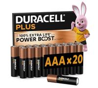 DURACELL Plus Piles AAA (Lot de 20) - Piles Alcalines 1,5 V-Durent Jusqu’à 100% Plus Longtemps grâce aux Actifs Power Boost-Fiable pour Vos Appareils du Quotidien-Emballage 0% Plastique- MN2400