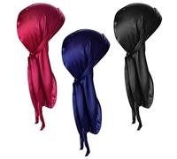 Durag Soie Hommes Longue Queue Turban Chapeau Chapeaux Larges Bretelles Pirate Perte De Cheveux Cap Bandana 3PCS
