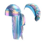Durags and Bonnets Lot de 2 bonnets pour homme et femme 360 ondulés, longue queue soyeuse Doo chiffon et turban - bleu - Taille unique