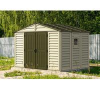 Duramax WoodBridge Plus 10 x 8 (7.64 m²) Abri de jardin en plastique avec 1 fenêtre fixe et kit de fondation en métal, structure de toit en métal robuste et abri de jardin sans entretien - Ivory/Brown