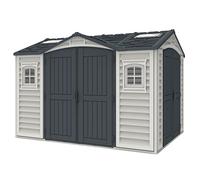 Duramax Apex Pro Plus 10.5 x 8 (8,02 m²) Abri de Jardin en Plastique avec 2 Portes Doubles, Kit de Fondation, 2 Fenêtres Fixes et 2 Lucarnes, Abri de Stockage avec Structure de Toit Solide en Métal