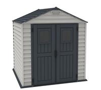 Duramax StoreMax PLUS 7 x 7 (4.44 m²) Abri de jardin en plastique avec plancher en plastique robuste et fenêtres fixes sur les portes, structure de toit en métal robuste, Gris foncé/ Adobe
