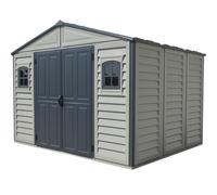 Duramax WoodBridge II PLUS 10.5 x 8 (7.64 m²) Abri de jardin en plastique avec kit de fondation et 2 fenêtres fixes - Structure de toit en métal robuste, Sans entretien, Gris foncé/ Adobe